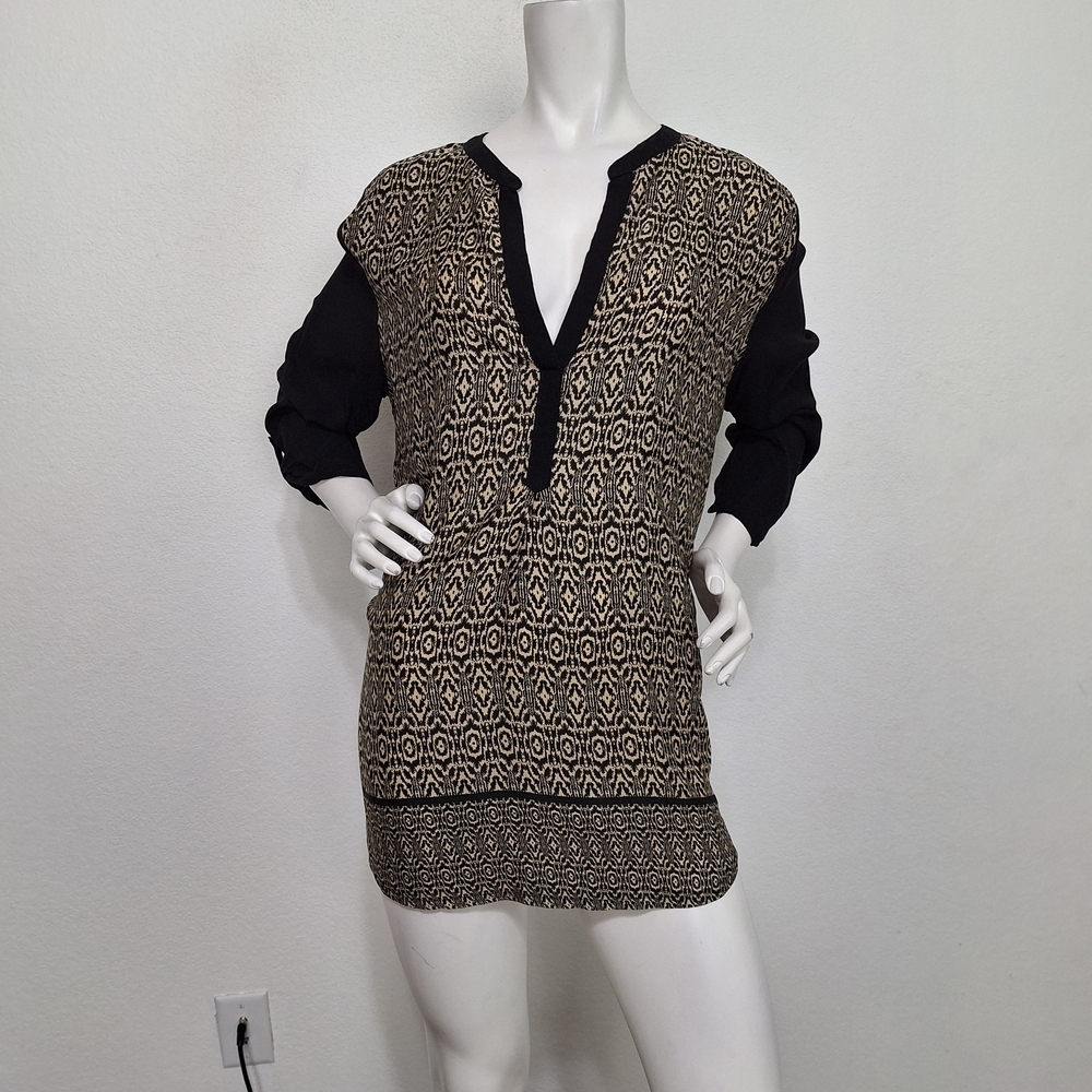 Urban Mangoz Black Tan Geometric Print 3/4 Sleeve Boho Retro Tunic Top Size L